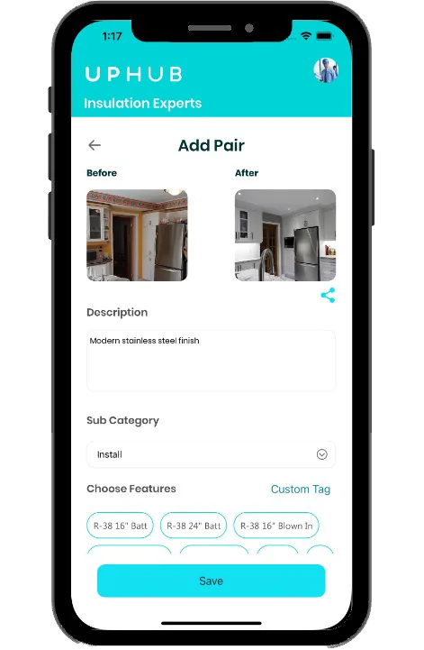 UpHub app: adding a before and after photo pair to a project