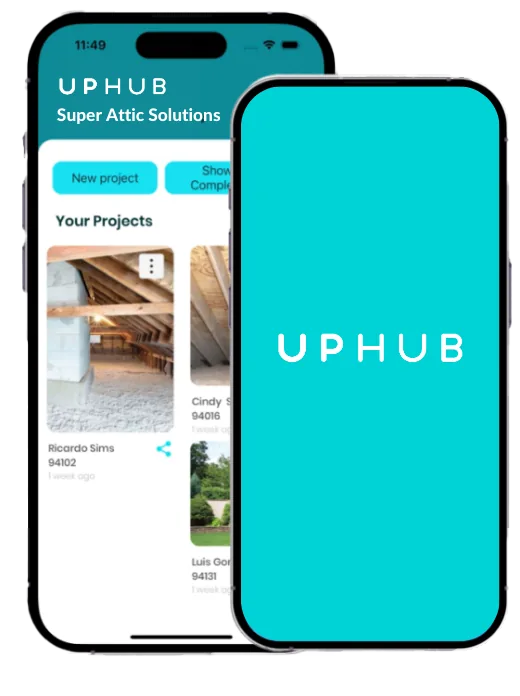 UpHub app on two phones: a contractor's projects list and the UpHub start screen