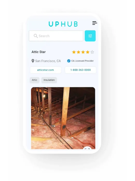 UpHub business profile with star rating and project photos